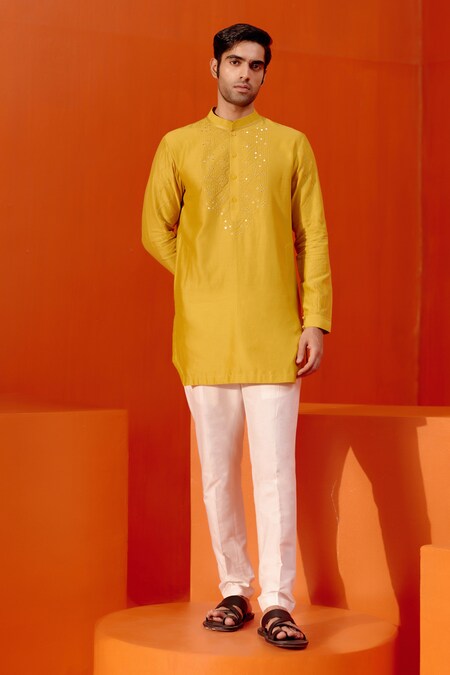 Devnaagri Yellow Chanderi And Cotton Blend Embroidery Yoke Kurta With Pant 