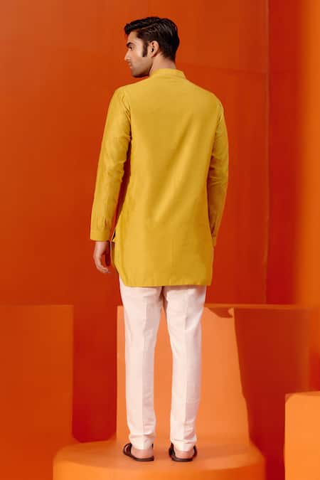 Shop Devnaagri Yellow Silk, Chanderi, Cotton Dori Embroidered Yoke Kurta With Pant at Aza Fashions Shop_Devnaagri_Yellow Silk, Chanderi, Cotton Dori Embroidered Yoke Kurta With Pant _at_Aza_Fashions