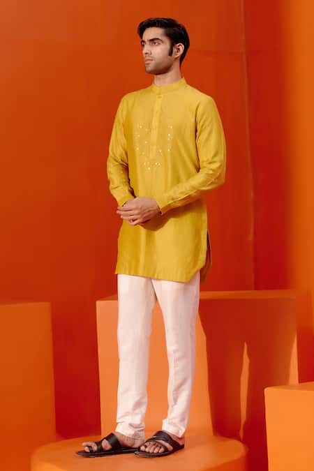 Buy Devnaagri Yellow Silk, Chanderi, Cotton Dori Embroidered Yoke Kurta With Pant Online at Aza Fashions Buy_Devnaagri_Yellow Silk, Chanderi, Cotton Dori Embroidered Yoke Kurta With Pant _Online_at_Aza_Fashions