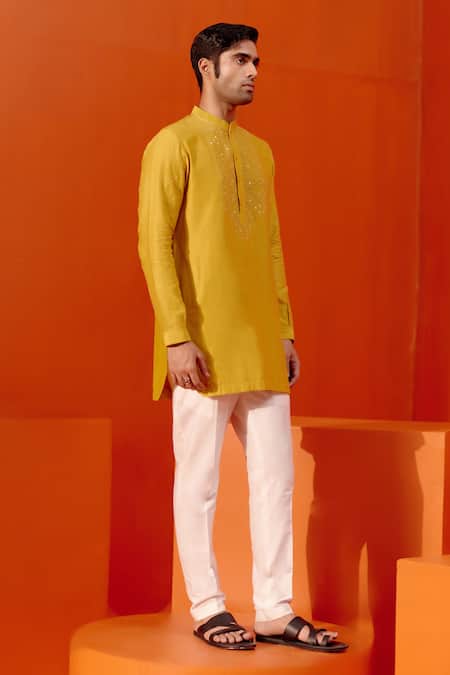 Shop Devnaagri Yellow Silk, Chanderi, Cotton Dori Embroidered Yoke Kurta With Pant Online at Aza Fashions Shop_Devnaagri_Yellow Silk, Chanderi, Cotton Dori Embroidered Yoke Kurta With Pant _Online_at_Aza_Fashions