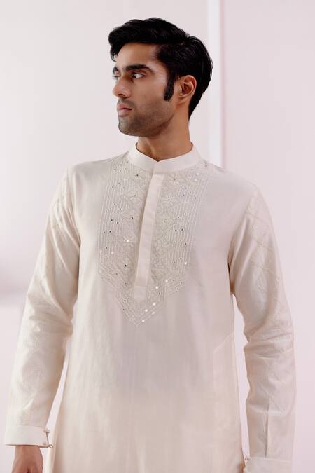 Devnaagri Ivory Silk, Chanderi, Cotton Embroidery Floral Dori Yoke Kurta With Pant Online at Aza Fashions Devnaagri_Ivory Silk, Chanderi, Cotton Embroidery Floral Dori Yoke Kurta With Pant _Online_at_Aza_Fashions