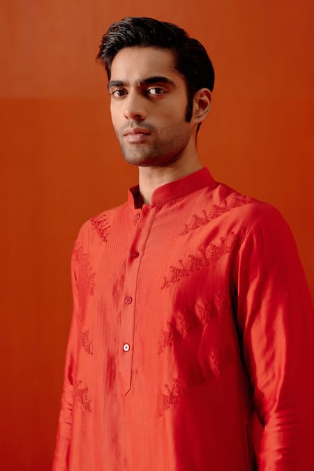 Shop Devnaagri Red Silk, Cotton Embroidery Placement Dori Kurta With Pant Online at Aza Fashions Shop_Devnaagri_Red Silk, Cotton Embroidery Placement Dori Kurta With Pant _Online_at_Aza_Fashions