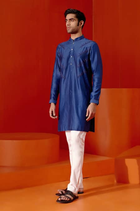 Devnaagri Blue Silk, Chanderi, Cotton Embroidery Placement Geometric Kurta With Pant Online at Aza Fashions Devnaagri_Blue Silk, Chanderi, Cotton Embroidery Placement Geometric Kurta With Pant _Online_at_Aza_Fashions