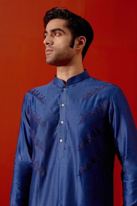 Buy Devnaagri Blue Silk, Chanderi, Cotton Embroidery Placement Geometric Kurta With Pant Online at Aza Fashions Buy_Devnaagri_Blue Silk, Chanderi, Cotton Embroidery Placement Geometric Kurta With Pant _Online_at_Aza_Fashions