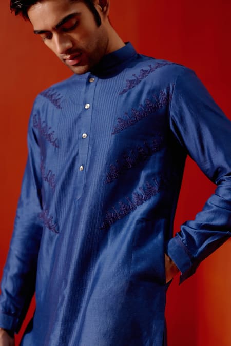 Shop Devnaagri Blue Silk, Chanderi, Cotton Embroidery Placement Geometric Kurta With Pant Online at Aza Fashions Shop_Devnaagri_Blue Silk, Chanderi, Cotton Embroidery Placement Geometric Kurta With Pant _Online_at_Aza_Fashions