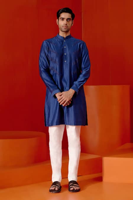 Devnaagri Blue Chanderi And Cotton Blend Geometric Kurta With Pant 