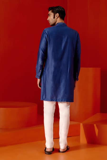 Shop Devnaagri Blue Silk, Chanderi, Cotton Embroidery Placement Geometric Kurta With Pant at Aza Fashions Shop_Devnaagri_Blue Silk, Chanderi, Cotton Embroidery Placement Geometric Kurta With Pant _at_Aza_Fashions