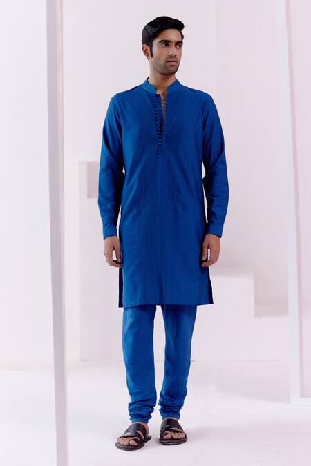 Devnaagri_Blue , Satin Pintuck Pattern Kurta With Churidar _Online_at_Aza_Fashions