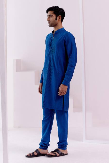 Buy_Devnaagri_Blue , Satin Pintuck Pattern Kurta With Churidar _Online_at_Aza_Fashions