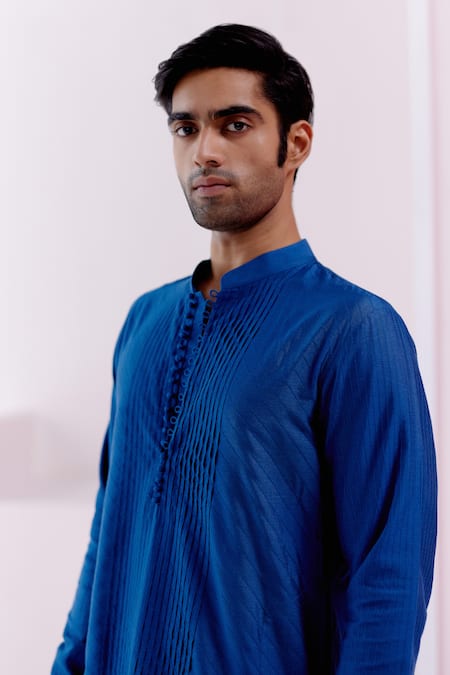 Shop_Devnaagri_Blue , Satin Pintuck Pattern Kurta With Churidar _Online_at_Aza_Fashions