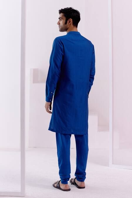 Shop_Devnaagri_Blue , Satin Pintuck Pattern Kurta With Churidar _at_Aza_Fashions