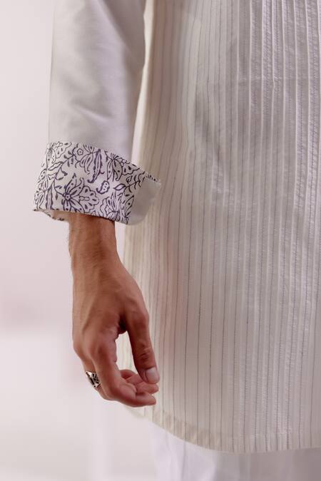 Shop_Devnaagri_Ivory Cotton, Silk Embroidery Thread Kurta With Pant _Online_at_Aza_Fashions
