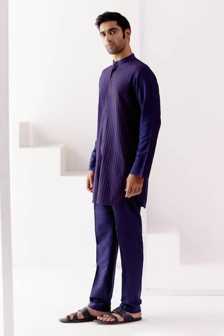 Devnaagri Blue Cotton, Silk Embroidery Contrast Thread Kurta With Pant Online at Aza Fashions Devnaagri_Blue Cotton, Silk Embroidery Contrast Thread Kurta With Pant _Online_at_Aza_Fashions