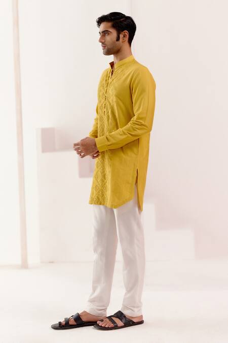 Devnaagri Yellow Cotton, Silk Embroidery Tonal Dori Kurta With Pant  Online at Aza Fashions Devnaagri_Yellow Cotton, Silk Embroidery Tonal Dori Kurta With Pant _Online_at_Aza_Fashions
