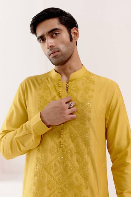 Buy Devnaagri Yellow Cotton, Silk Embroidery Tonal Dori Kurta With Pant  Online at Aza Fashions Buy_Devnaagri_Yellow Cotton, Silk Embroidery Tonal Dori Kurta With Pant _Online_at_Aza_Fashions