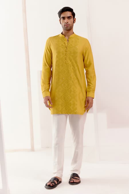Devnaagri Yellow Cotton Silk Blend Embroidery Dori Tonal Kurta With Pant 