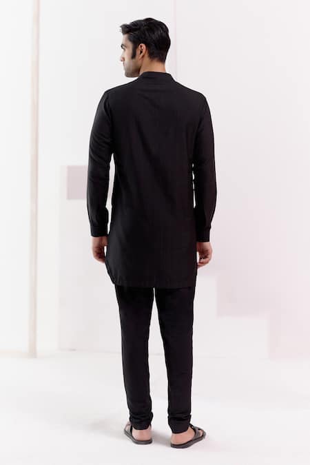 Shop Devnaagri Black Cotton, Silk Embroidery Tonal Geometric Dori Kurta With Pant at Aza Fashions Shop_Devnaagri_Black Cotton, Silk Embroidery Tonal Geometric Dori Kurta With Pant _at_Aza_Fashions