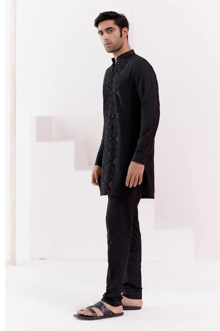Devnaagri Black Cotton, Silk Embroidery Tonal Geometric Dori Kurta With Pant Online at Aza Fashions Devnaagri_Black Cotton, Silk Embroidery Tonal Geometric Dori Kurta With Pant _Online_at_Aza_Fashions