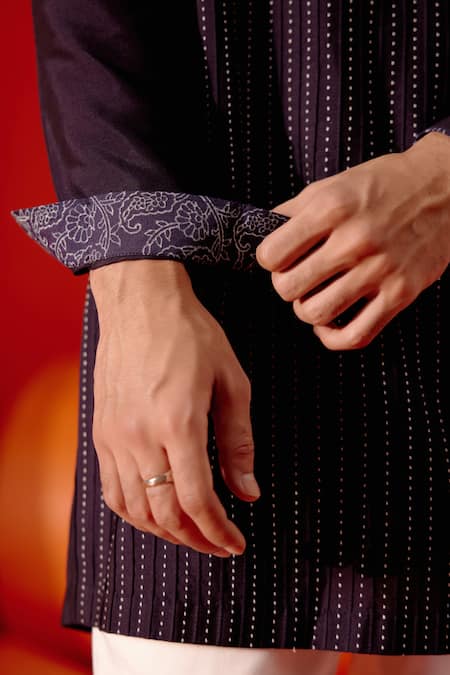 Shop Devnaagri Blue Cotton, Silk Embroidery Full Sleeve Thread Kurta With Pant Online at Aza Fashions Shop_Devnaagri_Blue Cotton, Silk Embroidery Full Sleeve Thread Kurta With Pant _Online_at_Aza_Fashions