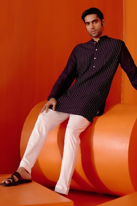 Devnaagri Blue Cotton, Silk Embroidery Full Sleeve Thread Kurta With Pant at Aza Fashions Devnaagri_Blue Cotton, Silk Embroidery Full Sleeve Thread Kurta With Pant _at_Aza_Fashions