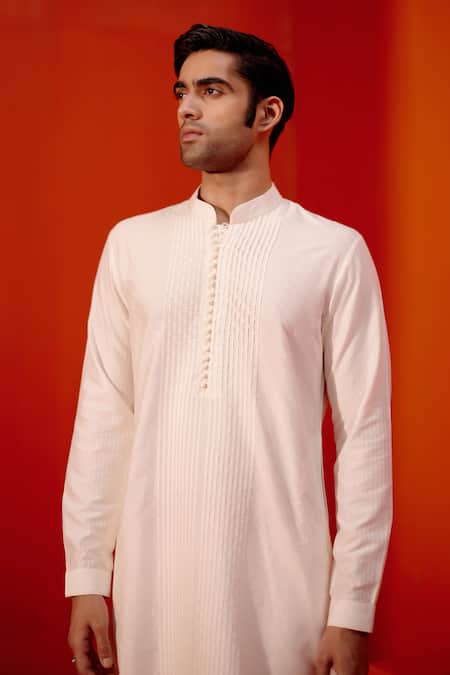 Shop Devnaagri Ivory Cotton, Silk Pintuck Pattern Straight Kurta With Pant Online at Aza Fashions Shop_Devnaagri_Ivory Cotton, Silk Pintuck Pattern Straight Kurta With Pant _Online_at_Aza_Fashions