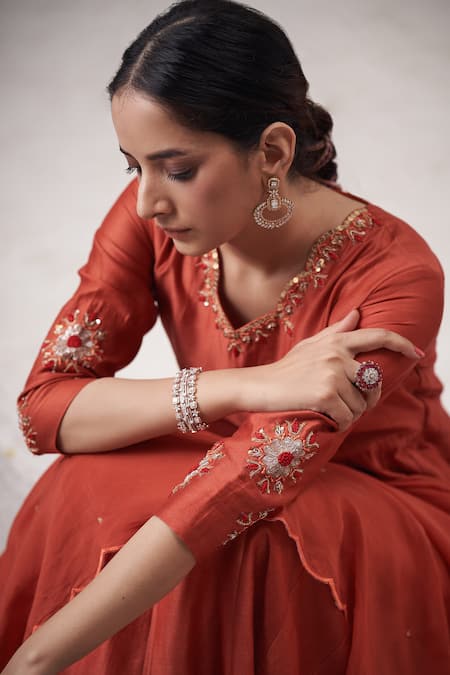 Shop Hirika & Dhruti Orange Silk, Chanderi, Organza, Cotton Floral Embroidered Anarkali Pant Set at Aza Fashions Shop_Hirika & Dhruti_Orange Silk, Chanderi, Organza, Cotton Floral Embroidered Anarkali Pant Set _at_Aza_Fashions