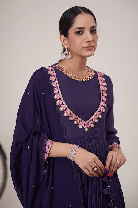 Shop Hirika & Dhruti Purple Chanderi, Cotton, Organza Tulip Embroidered Pleated Anarkali Pant Set at Aza Fashions Shop_Hirika & Dhruti_Purple Chanderi, Cotton, Organza Tulip Embroidered Pleated Anarkali Pant Set _at_Aza_Fashions