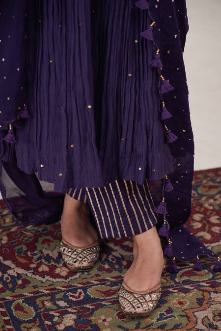 Hirika & Dhruti Purple Chanderi, Cotton, Organza Tulip Embroidered Pleated Anarkali Pant Set Online at Aza Fashions Hirika & Dhruti_Purple Chanderi, Cotton, Organza Tulip Embroidered Pleated Anarkali Pant Set _Online_at_Aza_Fashions