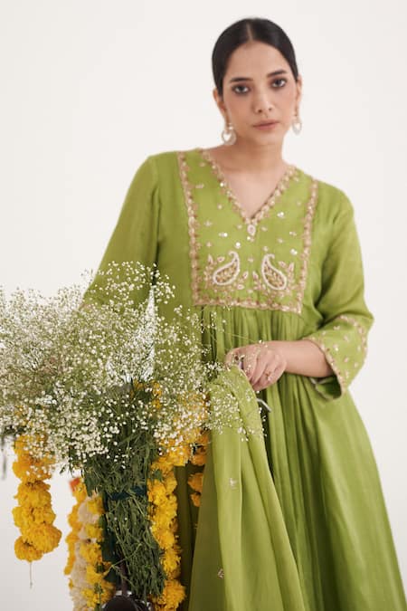 Hirika & Dhruti_Green Organza, Cotton Pearls, Sequins, Paisley Embroidered Anarkali Pant Set _Online_at_Aza_Fashions