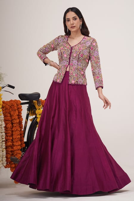 Buy Purple Embroidered Lehenga Paired With Embroidered Blouse And Long  Jacket by Designer Jayanti Reddy Online at Ogaan.com