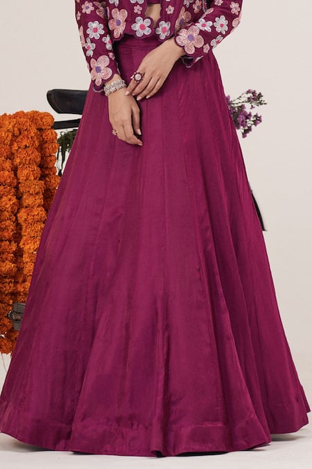 Hirika & Dhruti_Pink Gabardine, Silk Beads Round Neck, Blossom Embroidered Jacket Lehenga Set _Online_at_Aza_Fashions