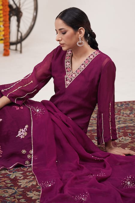 Hirika & Dhruti_Pink Gingham, Cotton, Organza Pearls, Sequins Floral Garden Work Kurta Pant Set _Online_at_Aza_Fashions