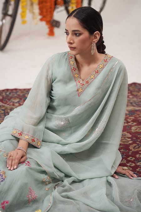 Hirika & Dhruti_Green Silk, Cotton, Organza Sequins, Pearls, Floral Garden Kurta Pant Set _Online_at_Aza_Fashions