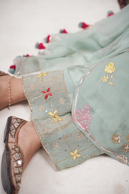 Buy_Hirika & Dhruti_Green Silk, Cotton, Organza Sequins, Pearls, Floral Garden Kurta Pant Set _Online_at_Aza_Fashions