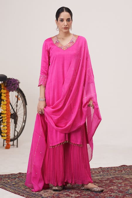 Hirika & Dhruti Pink Silk, Georgette, Organza Pearls, Embroidered Neckline Kurta Sharara Set