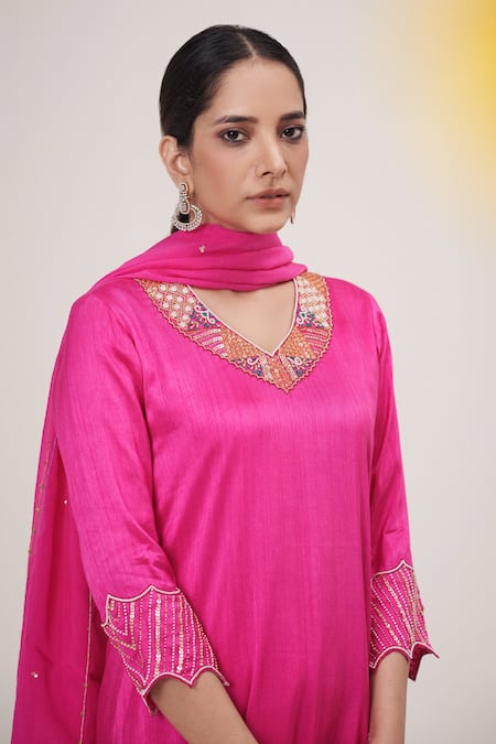 Shop Hirika & Dhruti Pink Silk, Georgette, Organza Pearls, Embroidered Neckline Kurta Sharara Set at Aza Fashions Shop_Hirika & Dhruti_Pink Silk, Georgette, Organza Pearls, Embroidered Neckline Kurta Sharara Set _at_Aza_Fashions