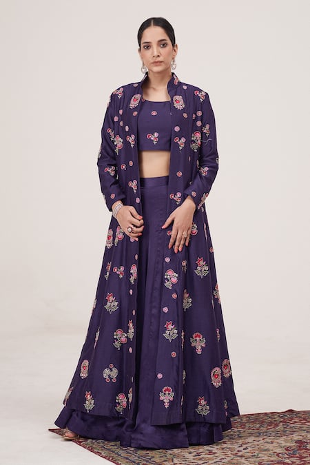 Blue with the hint of gold Blue Lehenga Jacket Set by NIYOOSH for rent  online | FLYROBE