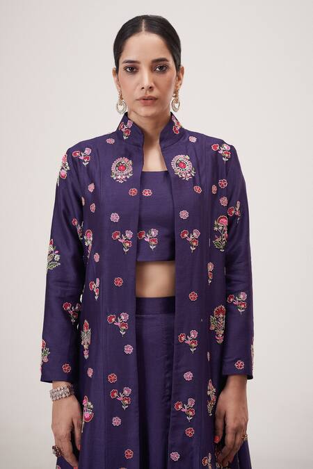 Hirika & Dhruti Purple Silk, Georgette Beads, Embroidery Round Neck, Flora Jacket Lehenga Set Online at Aza Fashions Hirika & Dhruti_Purple Silk, Georgette Beads, Embroidery Round Neck, Flora Jacket Lehenga Set _Online_at_Aza_Fashions