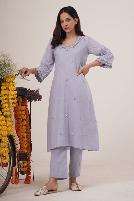 Hirika & Dhruti Blue Cotton Pearls, Sequins V-neck Embellished Kurta With Pant
