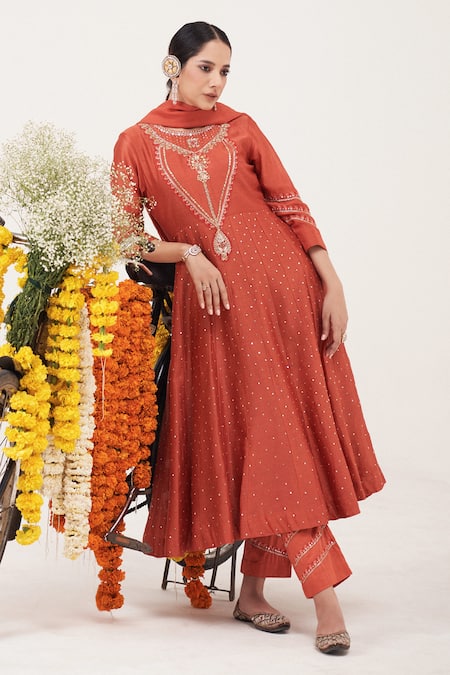 Shop Hirika & Dhruti Orange Silk, Chanderi, Cotton, Organza Zari, Embroidery, Hand Anarkali Pant Set at Aza Fashions Shop_Hirika & Dhruti_Orange Silk, Chanderi, Cotton, Organza Zari, Embroidery, Hand Anarkali Pant Set _at_Aza_Fashions