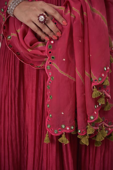 Shop Hirika & Dhruti Pink Chanderi, Organza Mirrors, Tassels V-neck Embroidered Anarkali With Dupatta at Aza Fashions Shop_Hirika & Dhruti_Pink Chanderi, Organza Mirrors, Tassels V-neck Embroidered Anarkali With Dupatta _at_Aza_Fashions