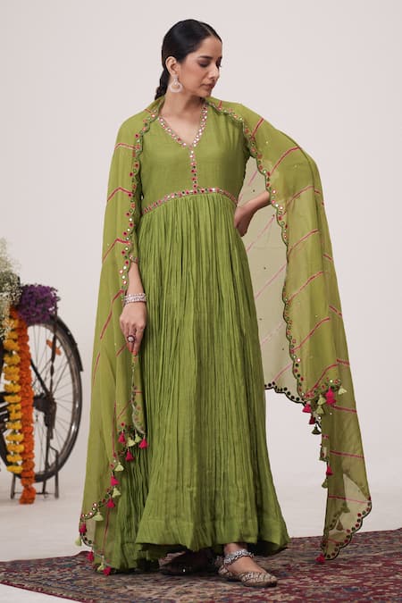 Hirika&Dhruti Pleated Mirror Embroidered Anarkali With Dupatta 