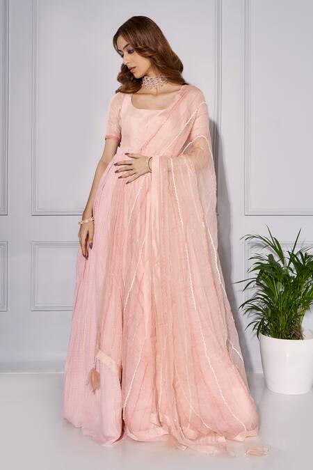 Buy_Kressa_Pink Dupion Silk Hand Crush Ghera Anarkali With Dupatta 