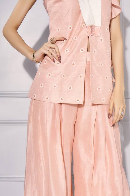 Shop Kressa Pink Silk Embroidery V-neck Hand Motif Top And Flared Pant Set Online at Aza Fashions Shop_Kressa_Pink Silk Embroidery V-neck Hand Motif Top And Flared Pant Set_Online_at_Aza_Fashions