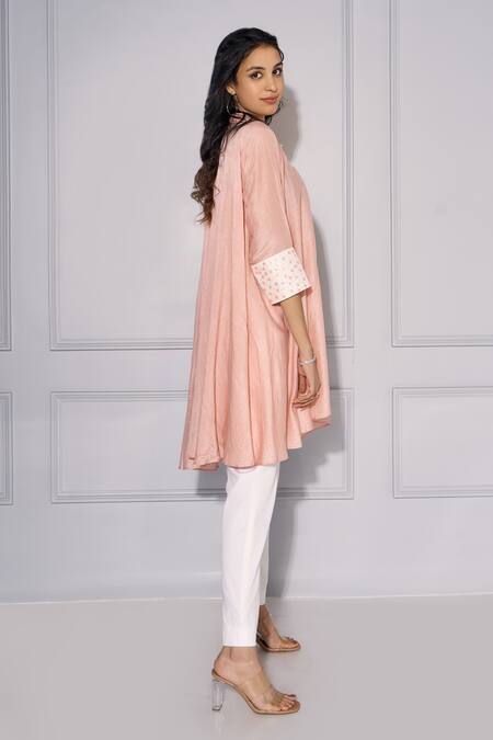 Kressa Pink Silk, Cotton Embroidery Collared Cuff Sleeve Asymmetric Shirt And Pant Set Online at Aza Fashions Kressa_Pink Silk, Cotton Embroidery Collared Cuff Sleeve Asymmetric Shirt And Pant Set_Online_at_Aza_Fashions