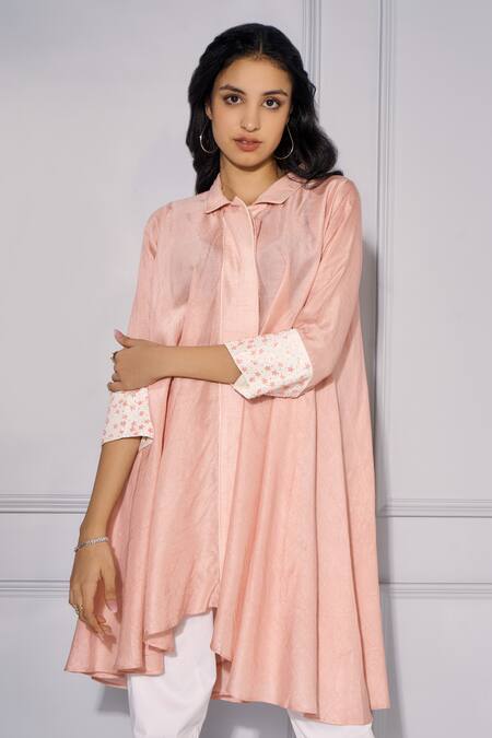 Buy Kressa Pink Silk, Cotton Embroidery Collared Cuff Sleeve Asymmetric Shirt And Pant Set Online at Aza Fashions Buy_Kressa_Pink Silk, Cotton Embroidery Collared Cuff Sleeve Asymmetric Shirt And Pant Set_Online_at_Aza_Fashions