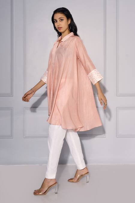 Shop Kressa Pink Silk, Cotton Embroidery Collared Cuff Sleeve Asymmetric Shirt And Pant Set Online at Aza Fashions Shop_Kressa_Pink Silk, Cotton Embroidery Collared Cuff Sleeve Asymmetric Shirt And Pant Set_Online_at_Aza_Fashions
