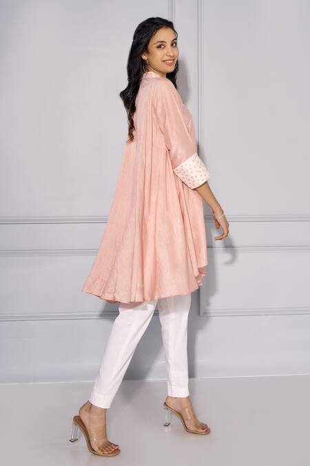 Kressa Pink Silk, Cotton Embroidery Collared Cuff Sleeve Asymmetric Shirt And Pant Set at Aza Fashions Kressa_Pink Silk, Cotton Embroidery Collared Cuff Sleeve Asymmetric Shirt And Pant Set_at_Aza_Fashions