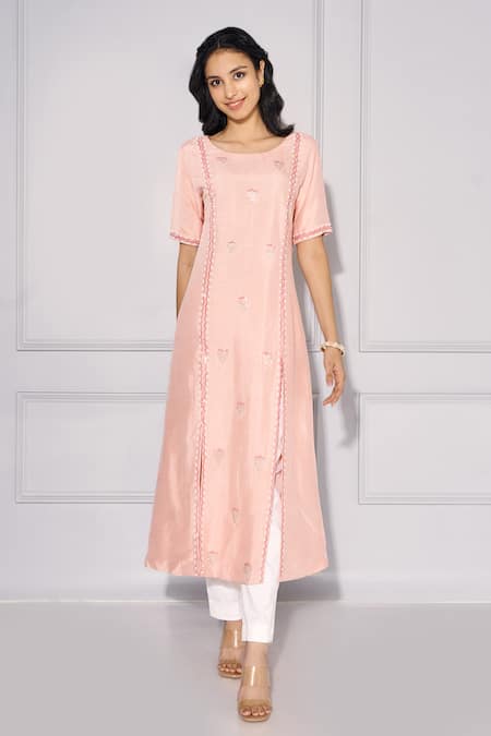 Kressa Pink Dupion Silk Hand Boat Asymmetric Kurta And Pant Set 