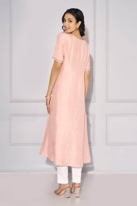 Shop Kressa Pink Cotton, Silk Embroidery Boat Neck Hand Asymmetric Kurta And Pant Set at Aza Fashions Shop_Kressa_Pink Cotton, Silk Embroidery Boat Neck Hand Asymmetric Kurta And Pant Set_at_Aza_Fashions